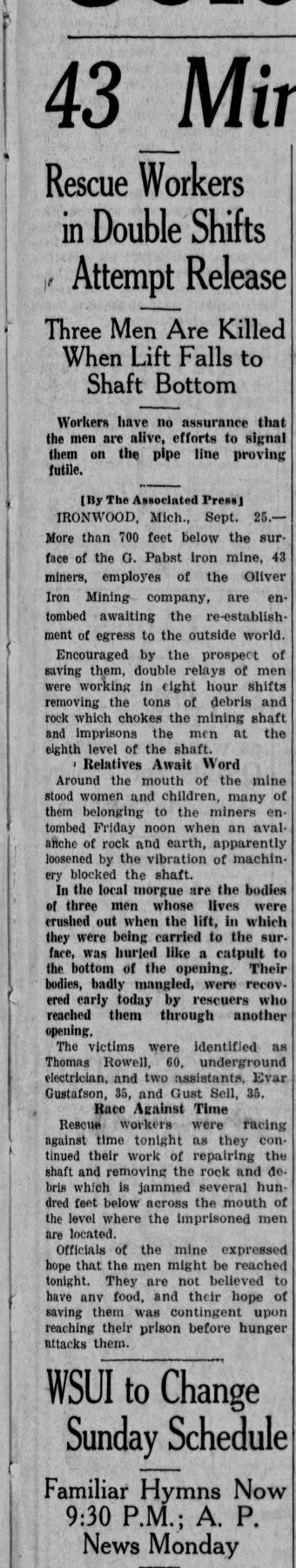 A single newspaper column headed “Rescue Workers in Double Shifts Attempt Release” and “Three Men Are Killed When Lift Falls to Shaft Bottom,” with an Associated Press report from Ironwood.
